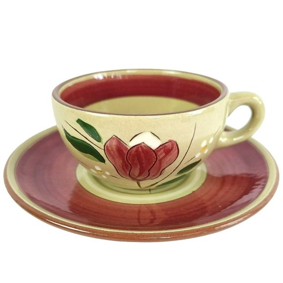 Vintage Stangl Pottery MAGNOLIA Cup & Plate Set Red Brown Flower Pattern - Picture 1 of 10
